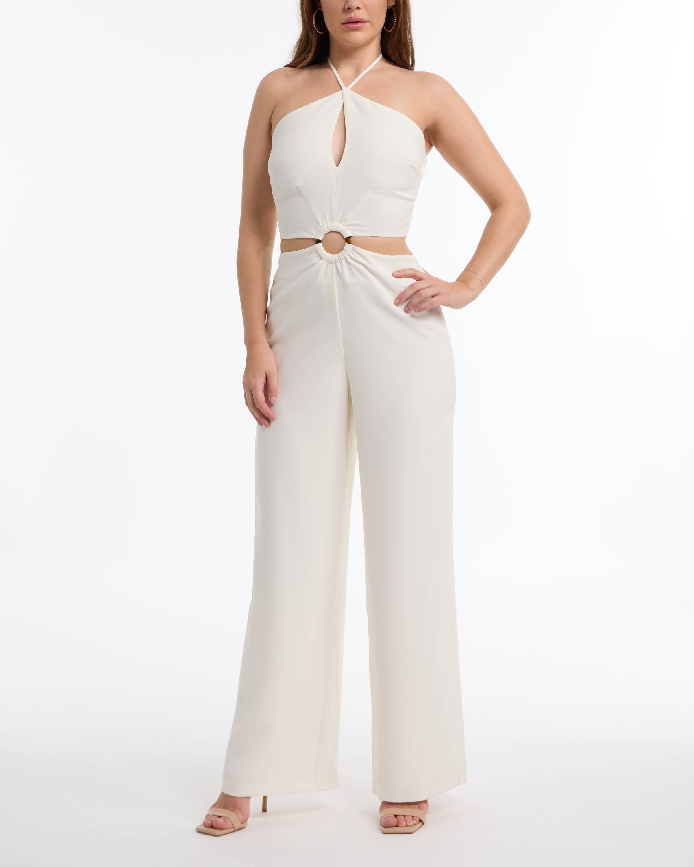 

Женский комбинезон BEBE Wide Leg Halter с вырезом-замочной скважиной, белый