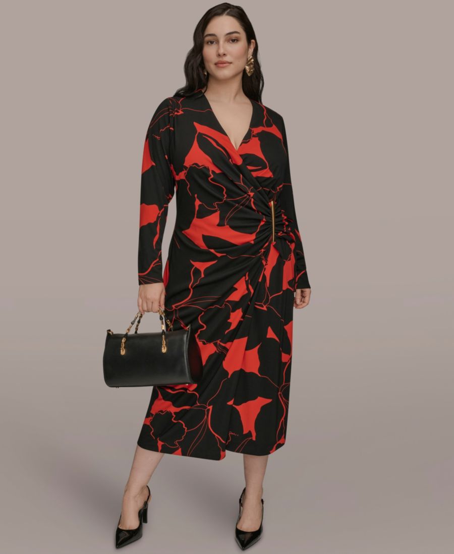 

Платье-футляр с запахом больших размеров Donna Karan New York, Black/Red Multi