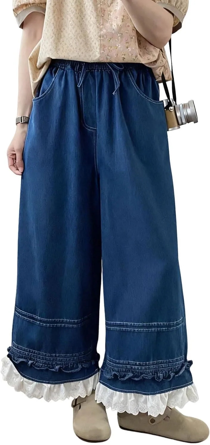 

Женские джинсы Wide Leg с высокой талией и кружевным подолом utcoco