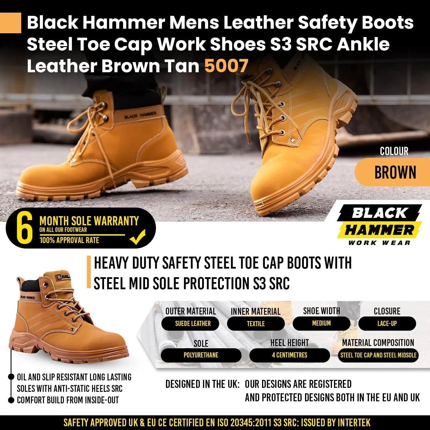 Мужские защитные ботинки BLACK HAMMER 5007 S3 SRC с защитным стальным носком, кожаные, легкие, до щиколотки — фото 3