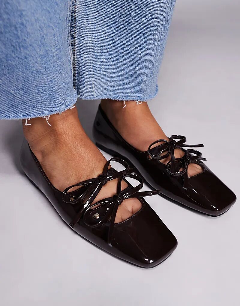 Балетки Public Desire Ginger с квадратным носком из коричневого лака — фото 3