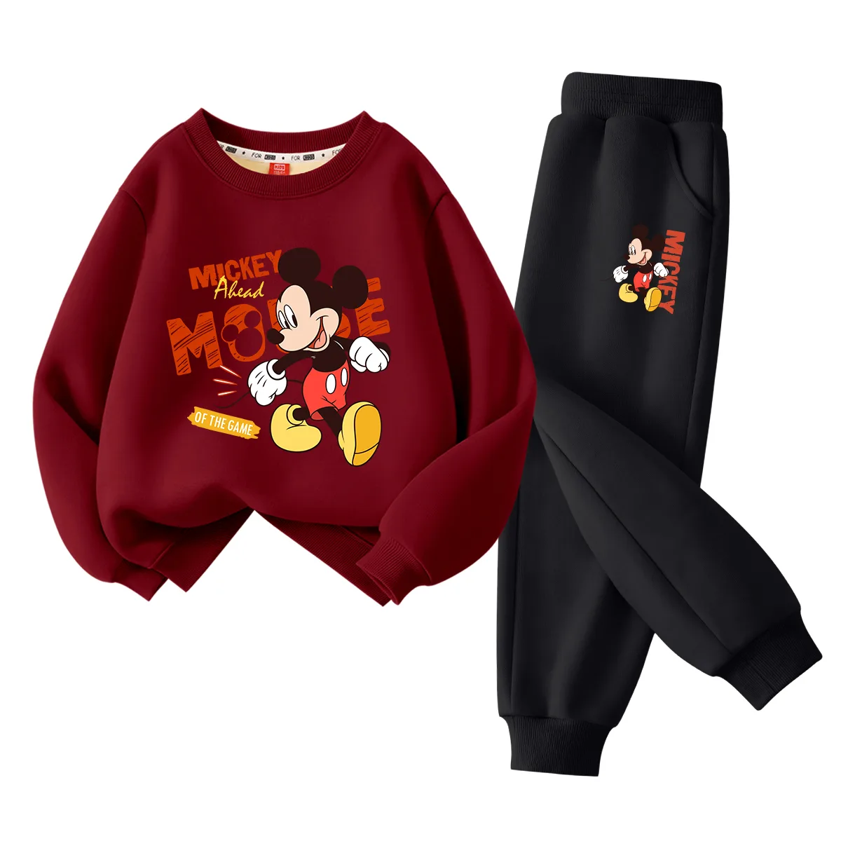 Детский спортивный костюм с круглым вырезом Disney, [Thickened and Fleece-Lined]Di Pong Hand Warmers in Burgundy+Solid Color Gray — фото 3