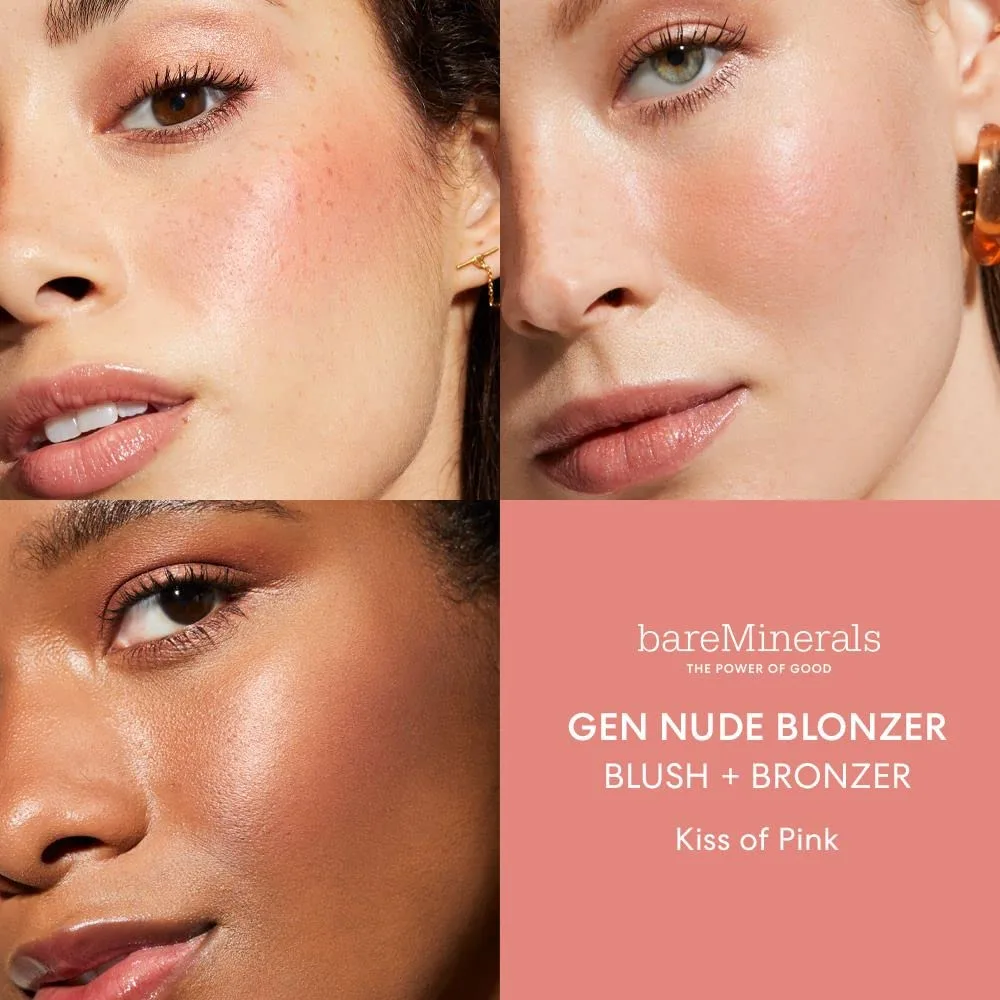 bareMinerals Gen Nude Blonzer, Blush & Bronzer Hybrid, компактная пудра без талька, сияющий финиш, стойкость в течение всего дня, розово-бронзовые оттенки, веганский продукт. 3.69 г (1 шт.), Kiss of Pink — фото 3