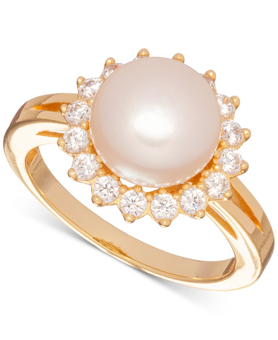 

Кольцо с культивированным пресноводным жемчугом (10 мм) и кубическим цирконием в оправе из стерлингового серебра с покрытием из 18-каратного золота Macy's, No Color