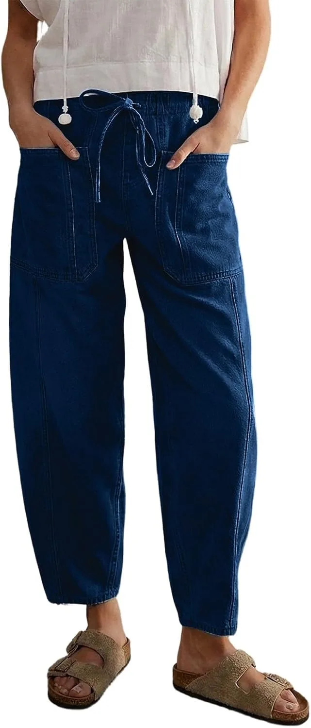 

Женские джинсы-бойфренды с завязками и эластичным поясом