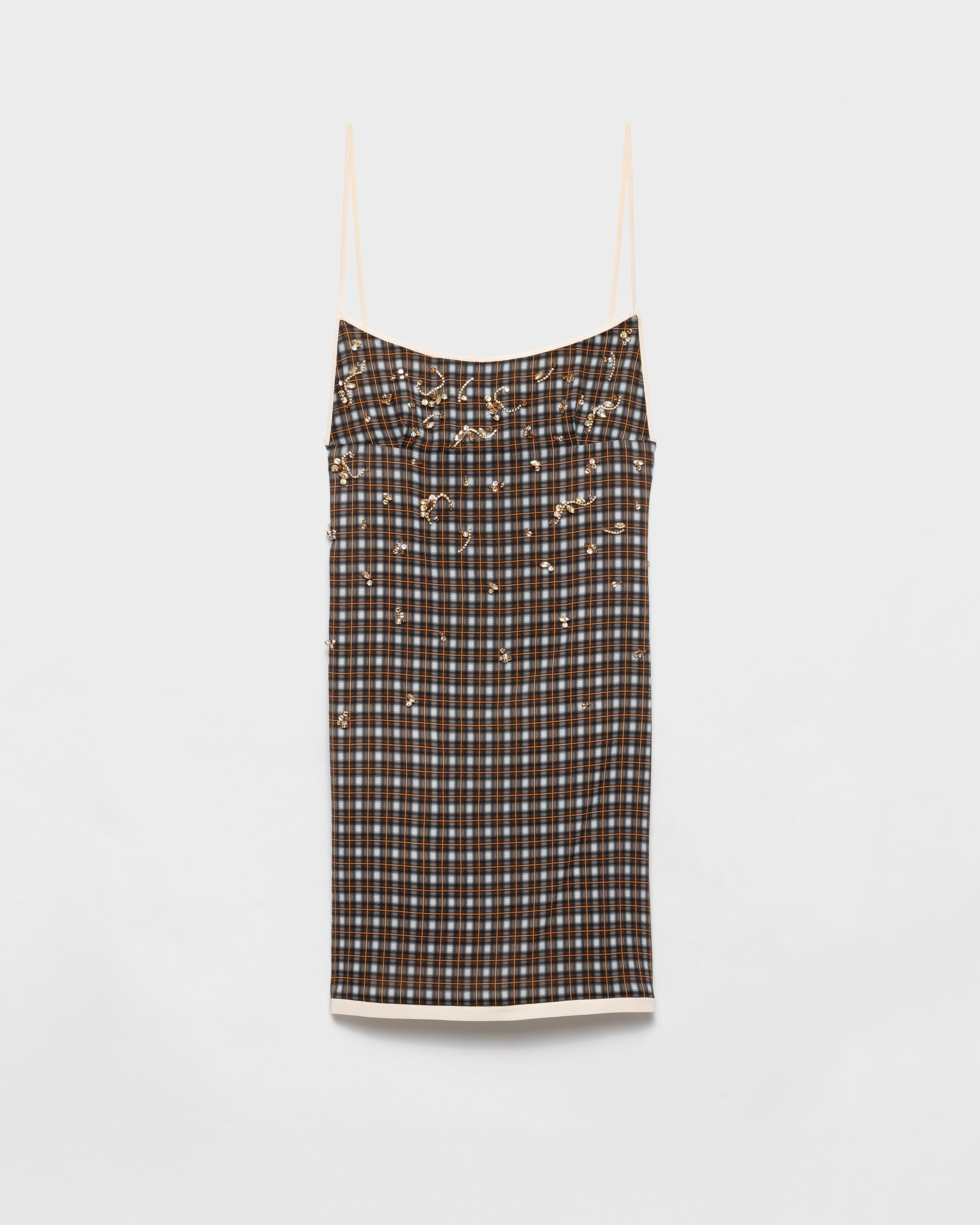 

Украшенное мини-платье из креп-шифона в клетку Prada, коричневый