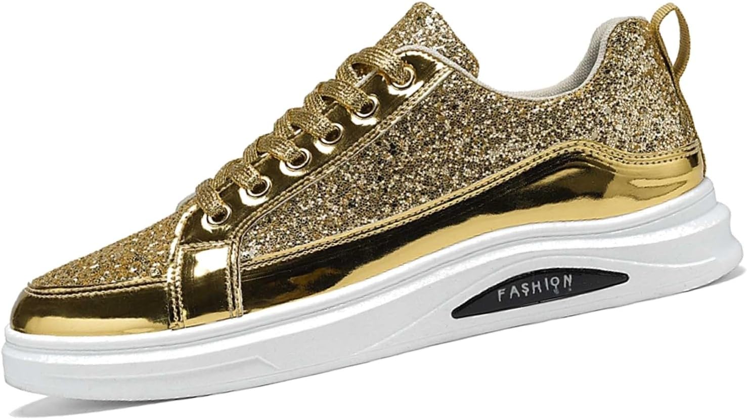 

Мужские модные кроссовки с блестками, широкий размер, с мерцающими шнурками, плоские, для бега, праздничные теннисные туфли для мужчин, размеры 8-10,5 Generic, золотой