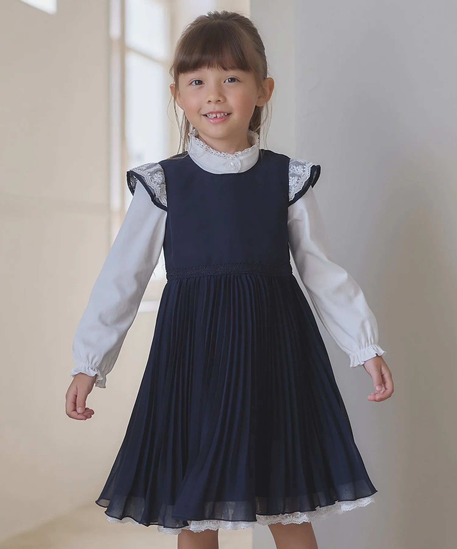 Детское платье с плиссировкой и съемным бантом Chiffon Pleats Dress ANY синее