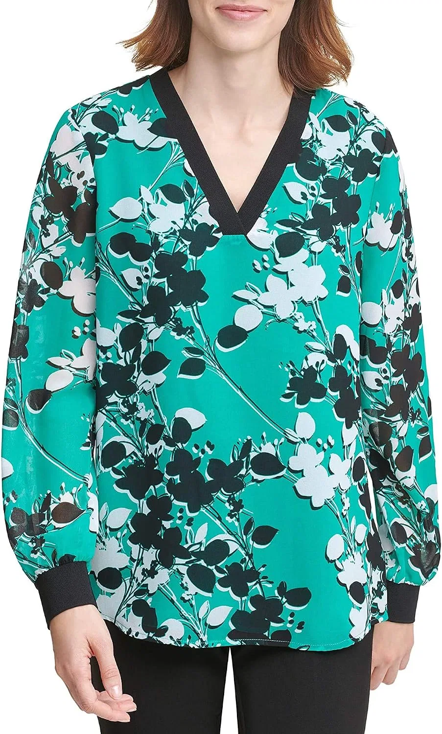 Блуза с принтом, V-образный вырез, Calvin Klein, джунгли-грин/черный/белый