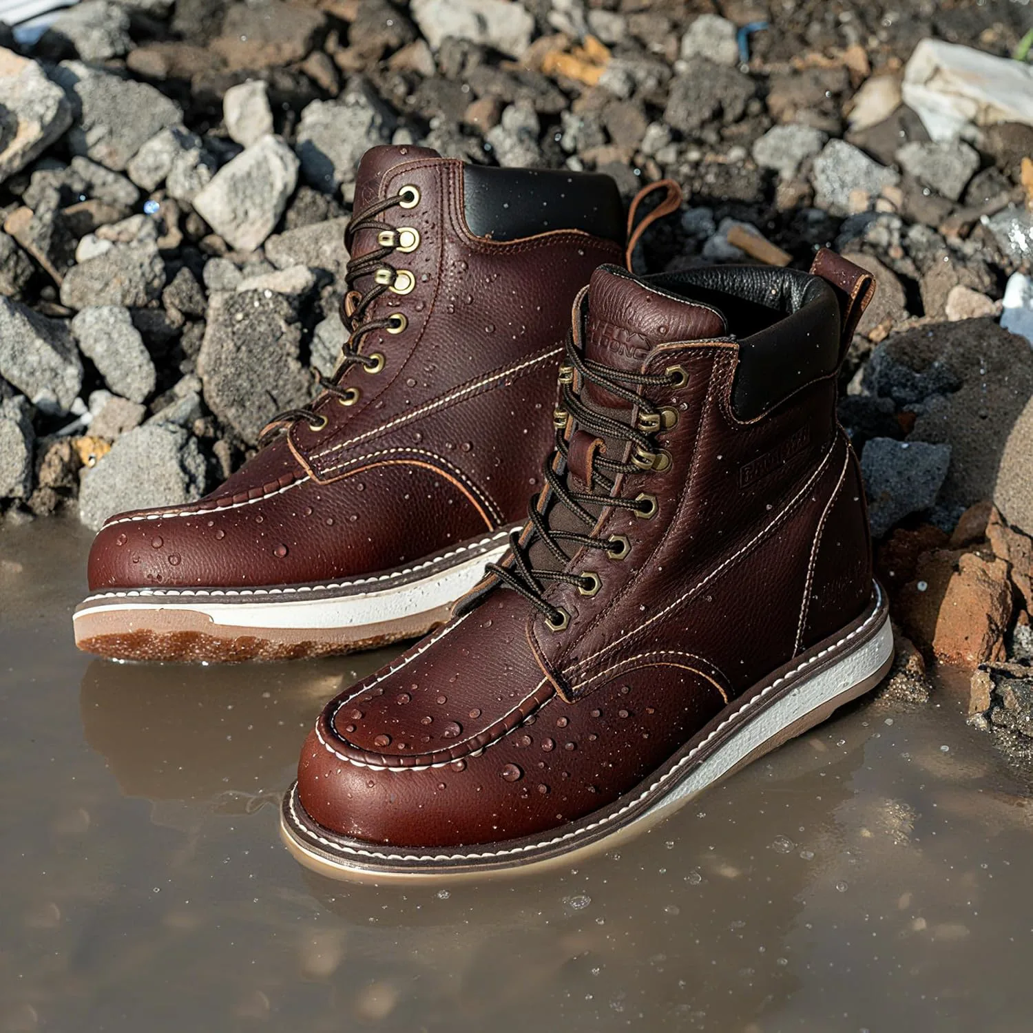 Мужские рабочие ботинки Moc Toe с водонепроницаемым мягким/стальным носком, удобные, из цельной кожи с противоскользящей подошвой на платформе, высота 6 дюймов SAFETY LOONG, коричневый — фото 4
