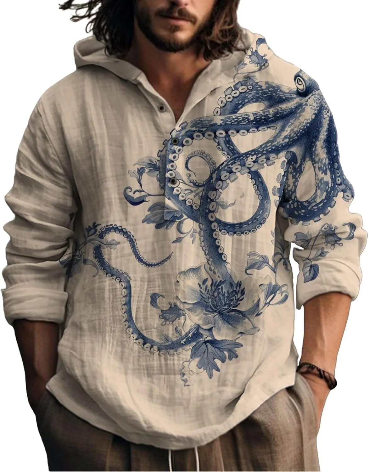 

Графический худи с капюшоном и пуговицами в японском стиле, оверсайз BIVENANT