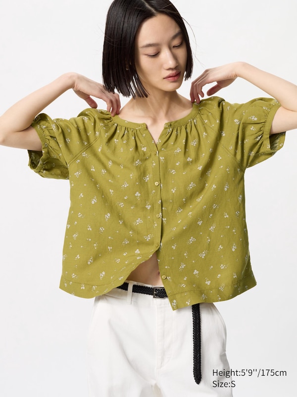 

Блузка из льняной смеси, объемная (короткий рукав, принт) Uniqlo, желтый
