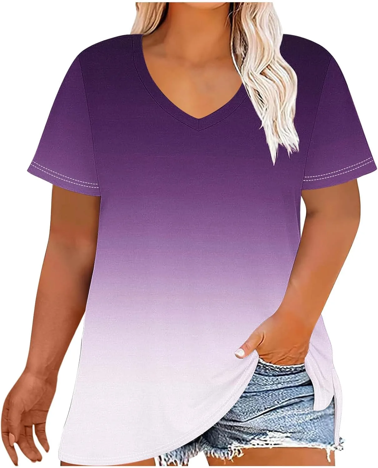 

Женская футболка с V-образным вырезом и градиентом, Plus Size, свободный крой Smxrfitk