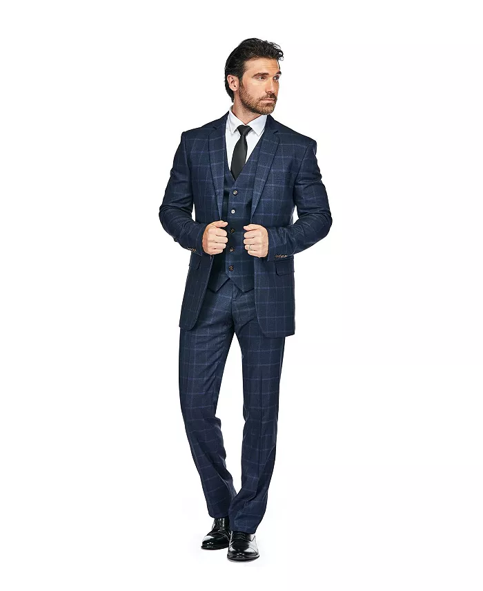 

Мужской трехкомпонентный костюм в клетку Windowpane Slim Fit Gino Vitale, синий