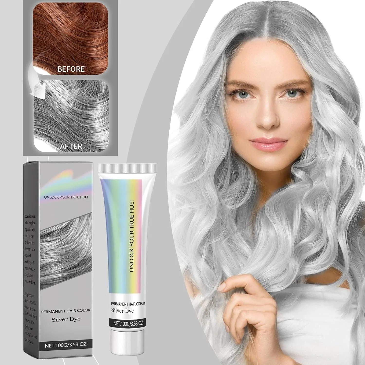 Крем-краска для волос «Hair Colour Silver Grey Natural Hair Dye Cream» от Grey Hair Cream Generic, 3Pc — фото 2