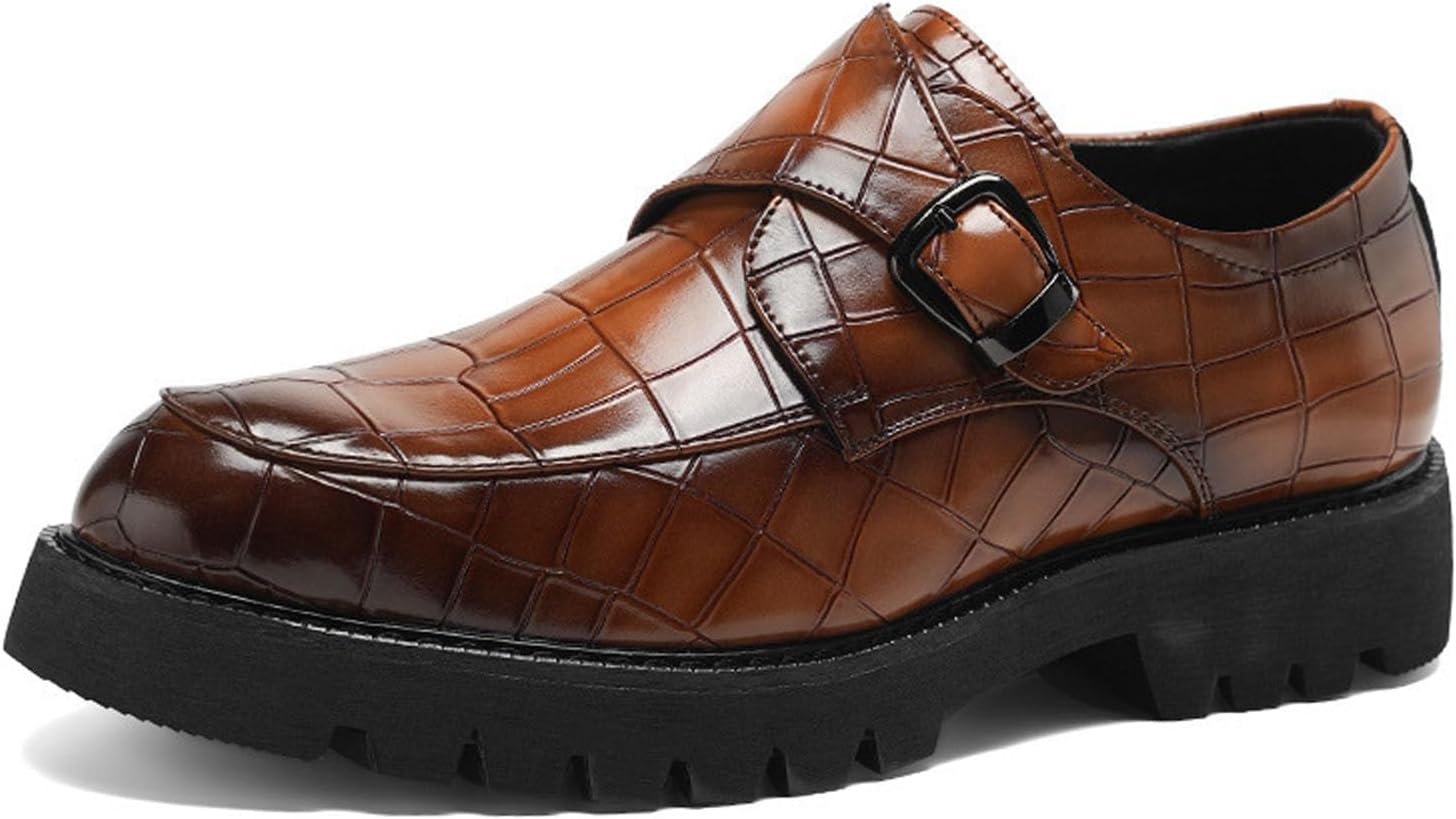 

Мужские кожаные лоферы с принтом, платформой и пряжкой типа «монах», модные клетчатые, с круглым носком, без шнурков, с регулируемой пряжкой Dfhaslkle, коричневый