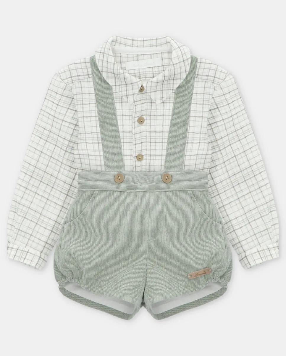 

Детский комплект рубашка с мелким клетчатым принтом и полосатые шортики светло-зеленого цвета Martín Aranda