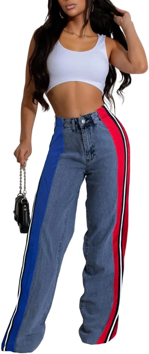 

Женские джинсы patchwork high waisted stretchy denim straight wide leg Yanyunji