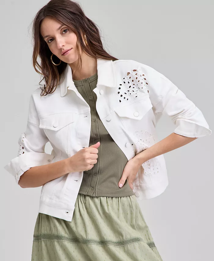 

Джинсовая куртка с вышивкой и ажурными деталями Petite Eyelet And Now This, белый