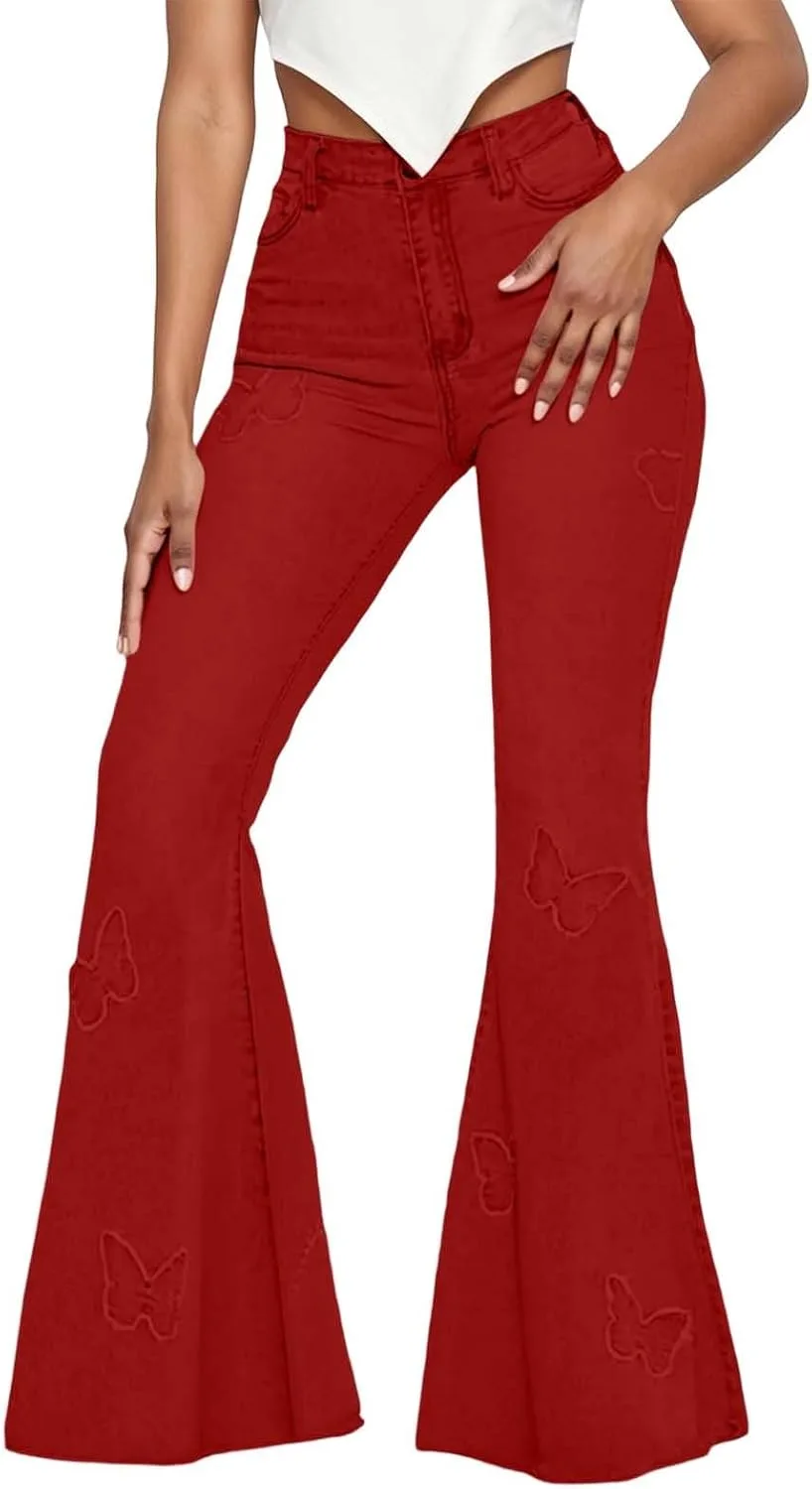 

Женские джинсы Butterfly Bell Bottom с высокой посадкой, эластичные, с вышивкой и классическим расклешенным силуэтом