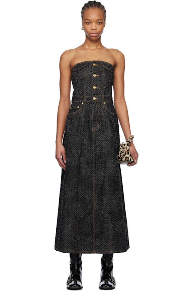 

Черное пышное джинсовое платье-корсаж макси GANNI