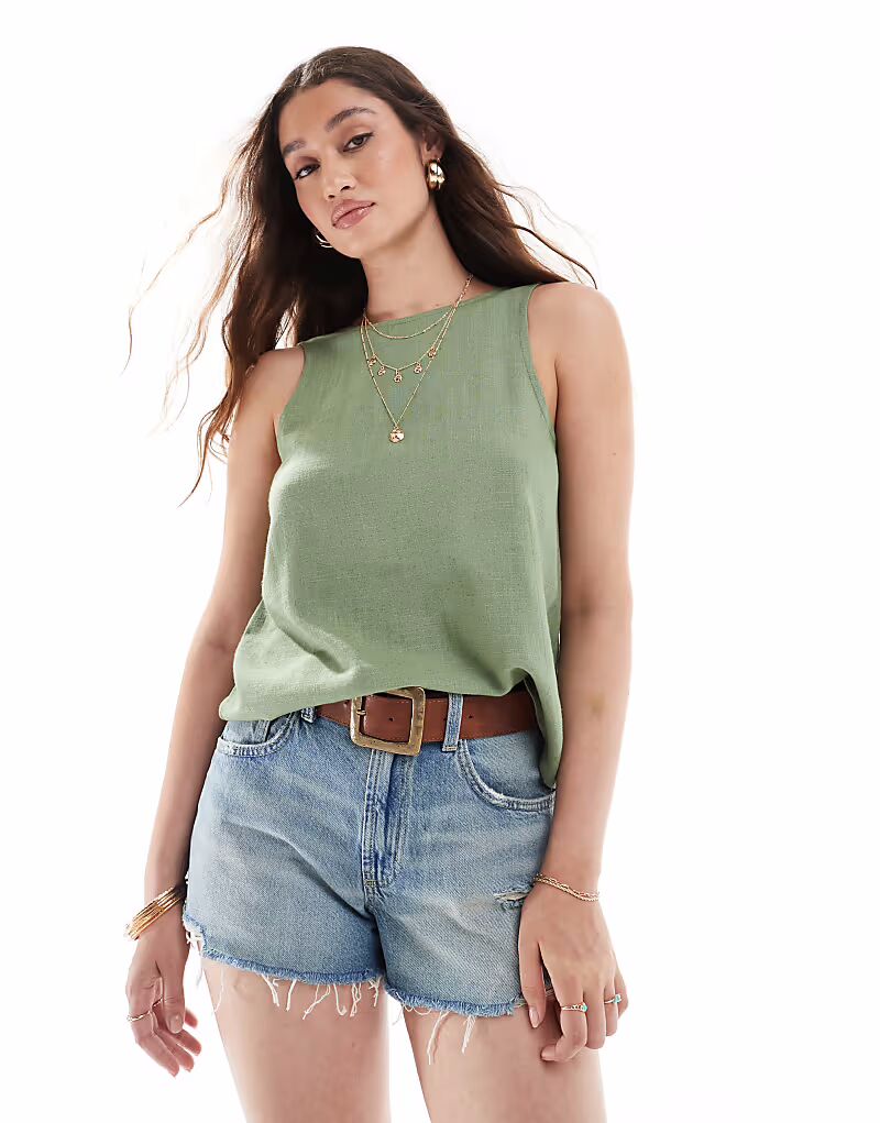 

Топ с глубоким вырезом на спине из льняной смеси цвета хаки Asos Design