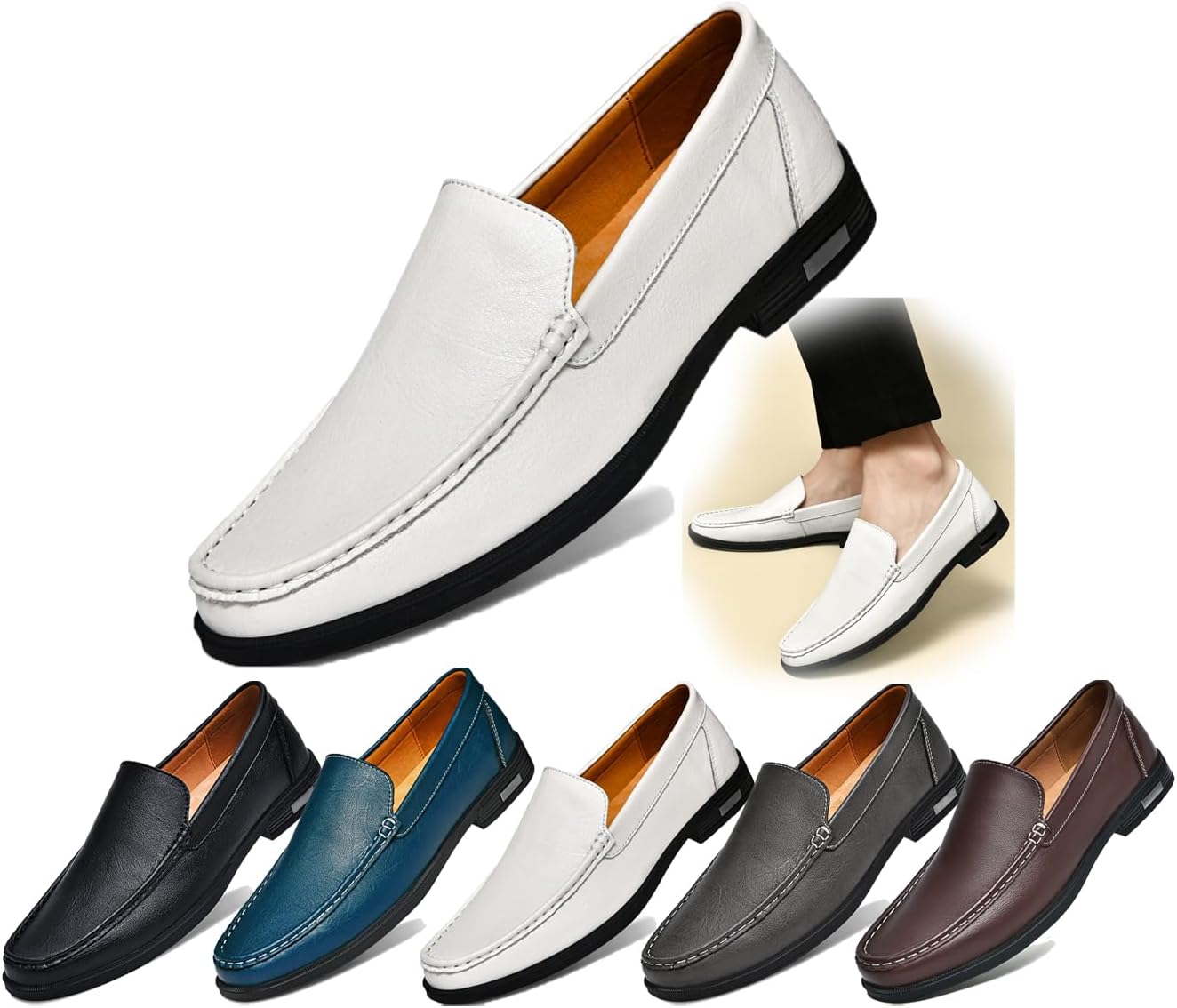 

Стильные мужские слипоны из натуральной кожи, комфортные дышащие лоферы для работы, вождения, офиса и повседневной носки - мягкая подошва, круглый носок, низкий каблук, роскошный дизайн Generic, белый
