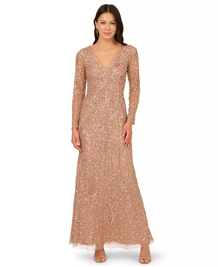 

Женское длинное платье с длинными рукавами, расшитое бисером Adrianna Papell, золотой