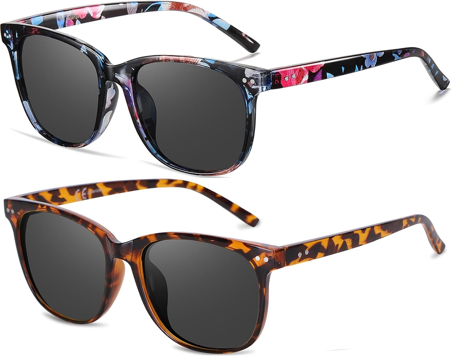 

Женские поляризованные солнцезащитные очки HAOLOTA, классические круглые солнцезащитные очки для вождения, рыбалки, легкие, с защитой от УФ-излучения UV400, A08 2pcs Flower/Grey + Brown Tortoise/Grey