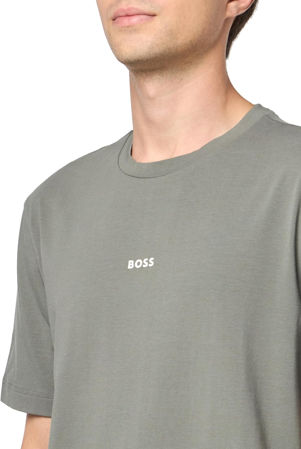 Мужская хлопковая футболка BOSS с логотипом на груди, стандартного кроя, Fossil Grey — фото 3