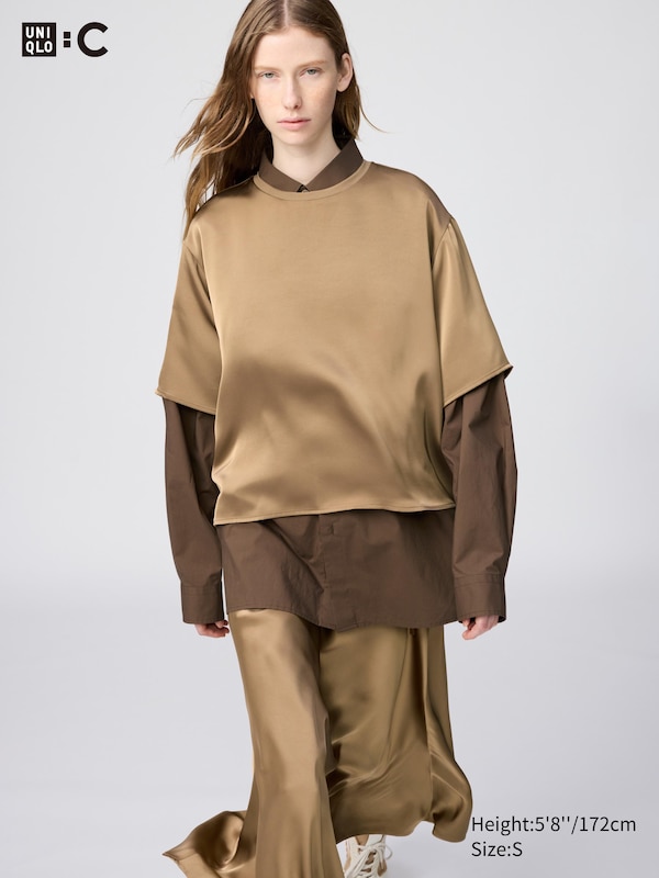 

Сатиновая укороченная блузка оверсайз с рукавом до локтя Uniqlo, 32 beige