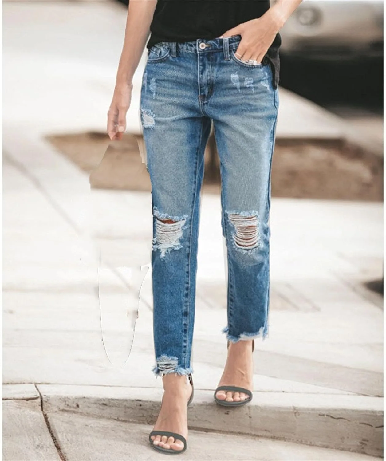 Женские рваные джинсы Business Casual, свободный крой, эластичные, высокая талия, прямые — фото 2
