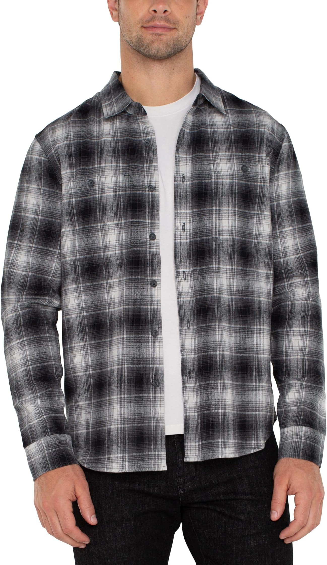 

Рубашка Liverpool Los Angeles Long Sleeve Double Pocket Button Up Shirt, цвет Grey Off White Black