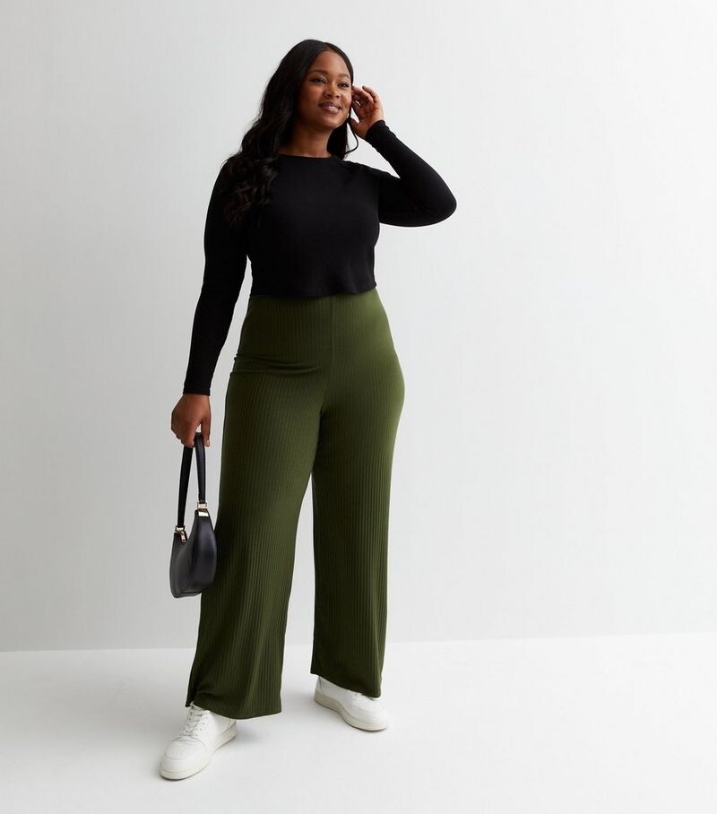 

Широкие брюки цвета хаки в рубчик Curves New Look, хаки