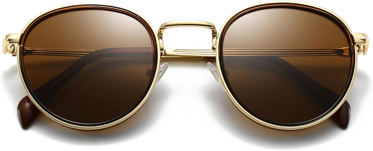 

Круглые солнцезащитные очки для женщин и мужчин в стиле ретро, ​​идеально подходят для вождения, пляжа и кемпинга, с защитой от УФ-излучения UV400 Thryvox, Gold Frame Brown Lens