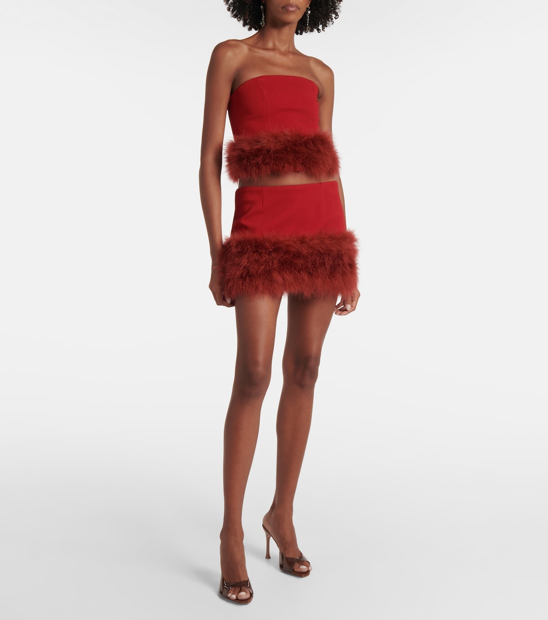 Укороченный креповый топ с отделкой из перьев Blumarine, красный — фото 2
