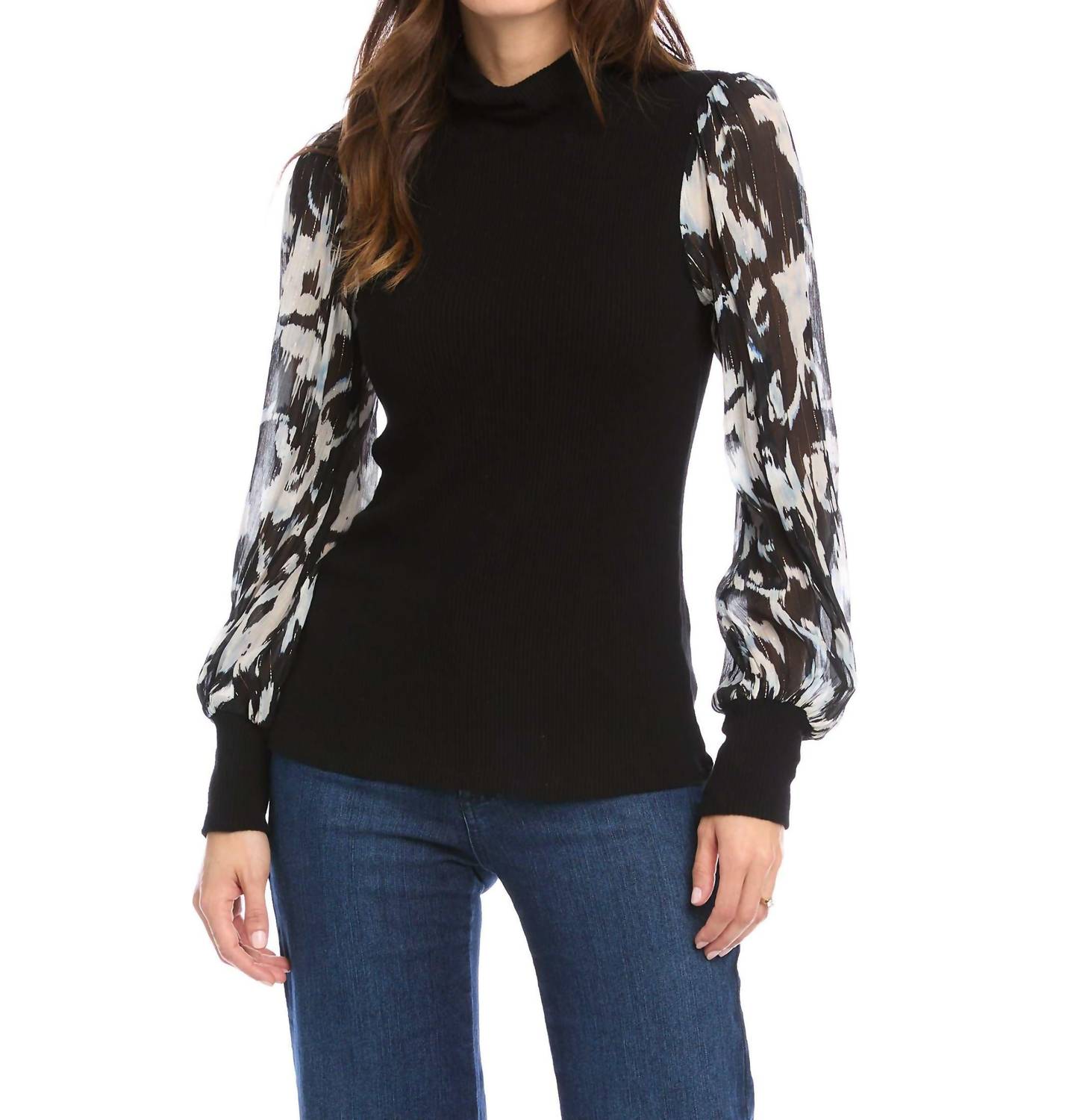 

Sheer Sleeve Turtleneck Top In Black Fifteen Twenty