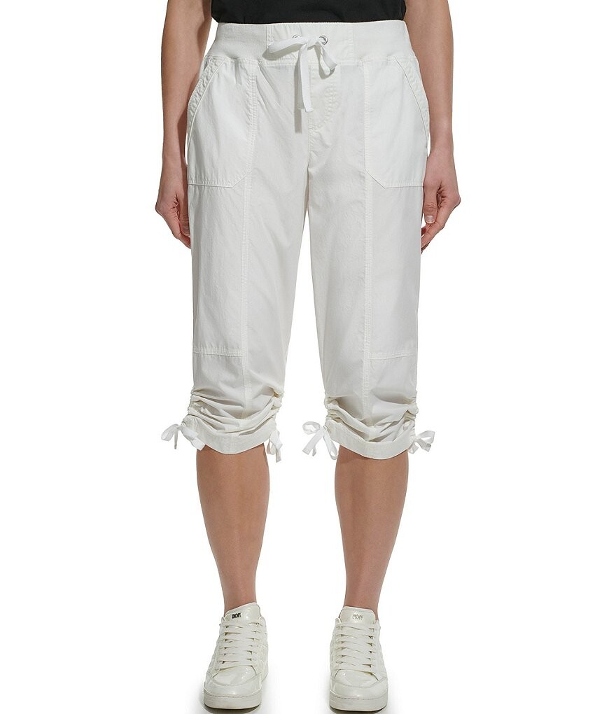 

DKNY Sport Капри из персикового поплина в рубчик на талии с застежкой на талии, брюки-карго без застежки, белый