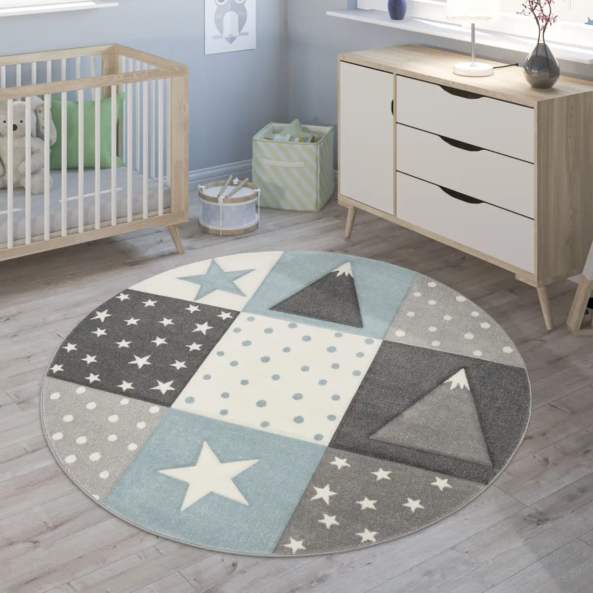 

Детский ковер Paco Home "Cosmo 340", круглый, короткий ворс, пастельные тона, 3D-эффект, мотив горы, точки и звезды Ø 160 см, синий
