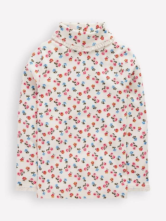 

Детская футболка с воротником-стойкой и цветочным принтом из хлопка Mini Boden, Ivory Rose Sprig