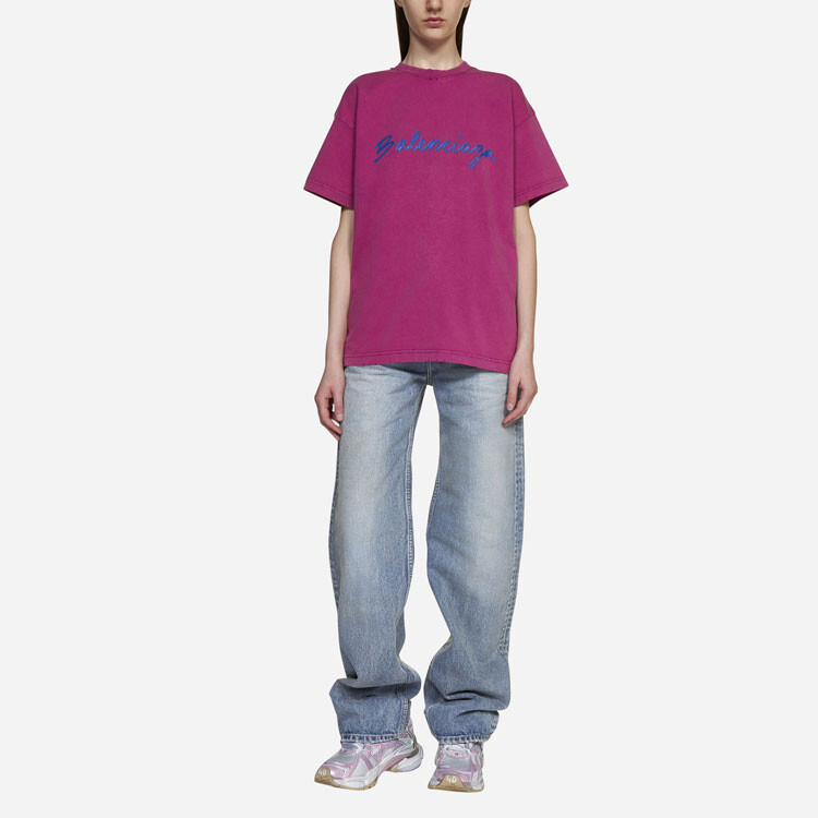 Футболка женская Balenciaga, ярко-розовый / синий — фото 2