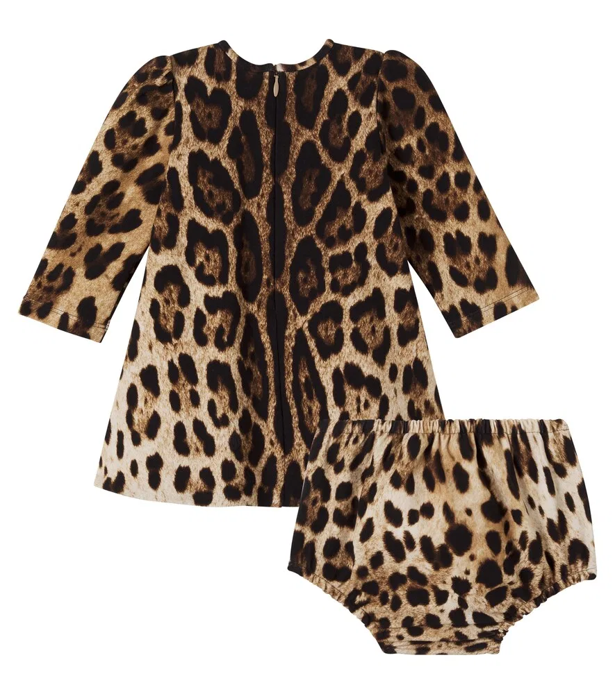 Детское хлопковое платье с леопардовым принтом Dolce&Gabbana Kids, коричневый — фото 4