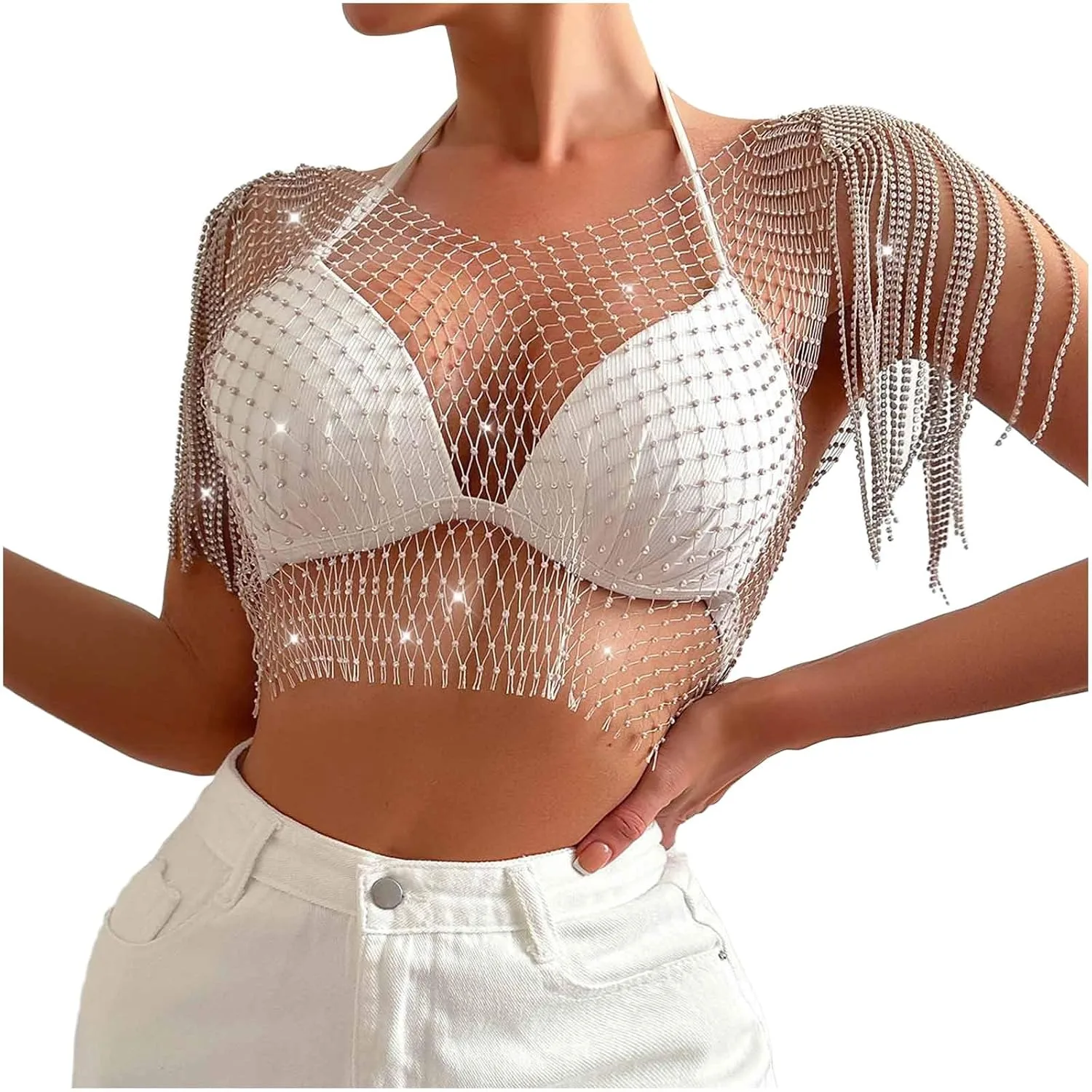 

Rhinestone Mesh Body Chains для женщин, сексуальный сетчатый топ с кисточками HGps8w