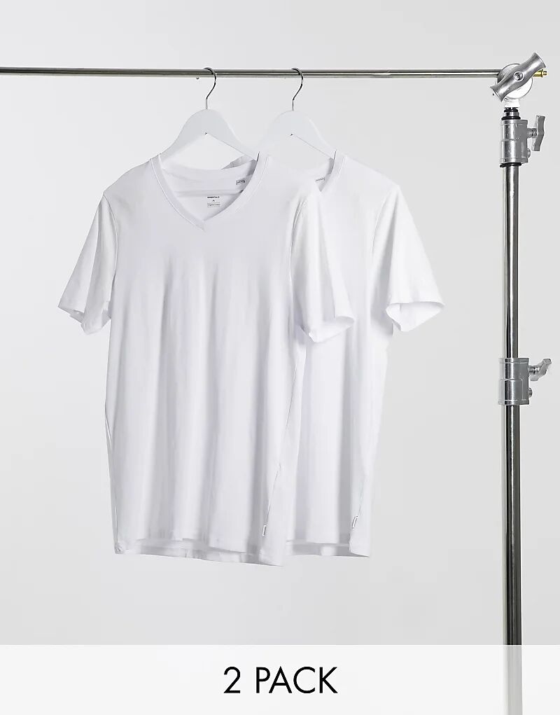 

Набор из 2 облегающих футболок Jack & Jones Essentials с V-образным вырезом белого цвета