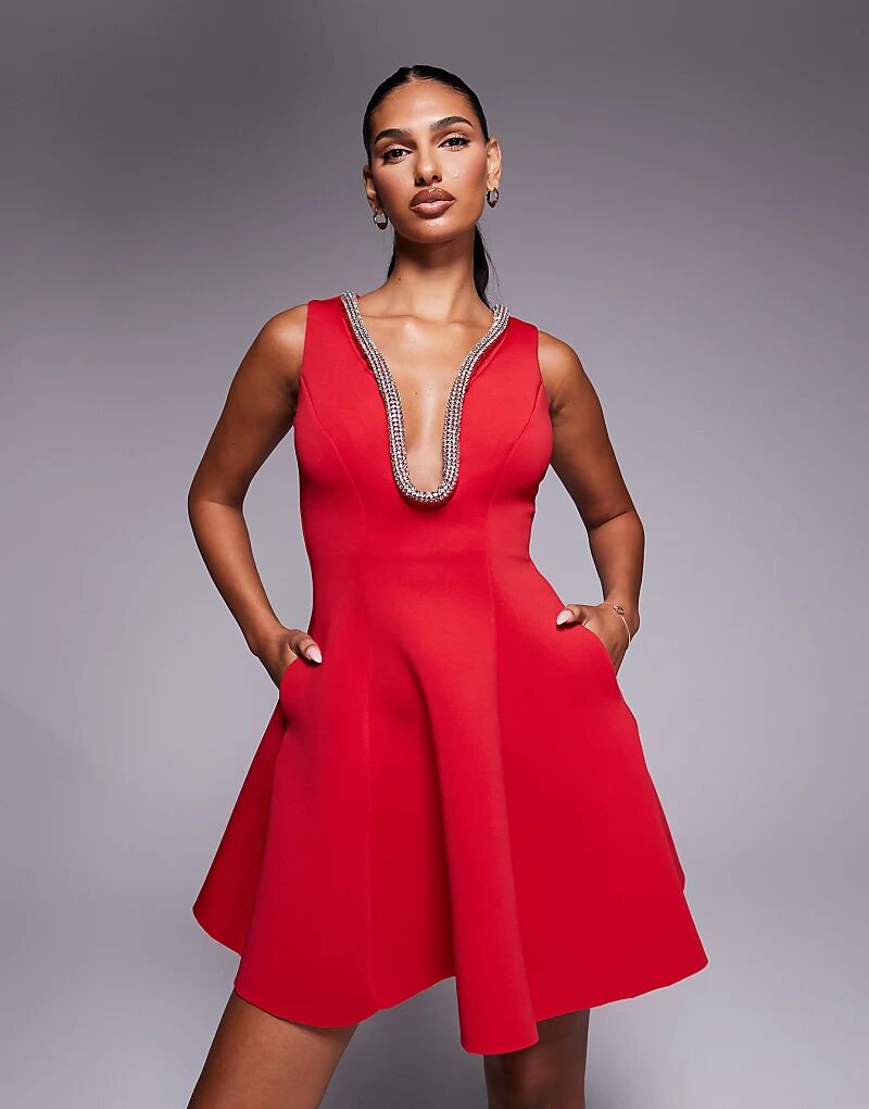 

Мини-платье Goddiva Diamante с декорированным вырезом и трапециевидной отделкой красного цвета
