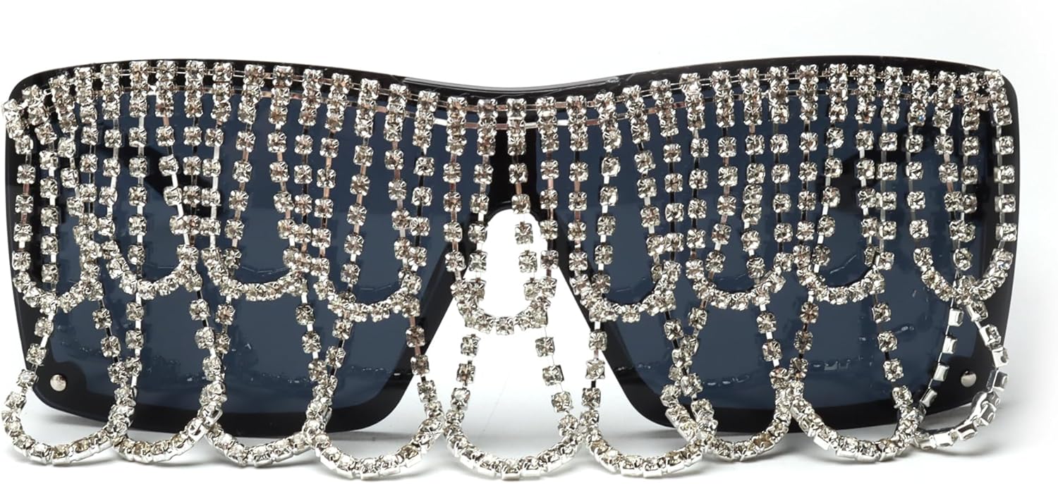 

bullabulling Большие квадратные солнцезащитные очки с разноцветными кисточками, без оправы, мужские и женские солнцезащитные очки, цельные солнцезащитные очки со стразами, Black