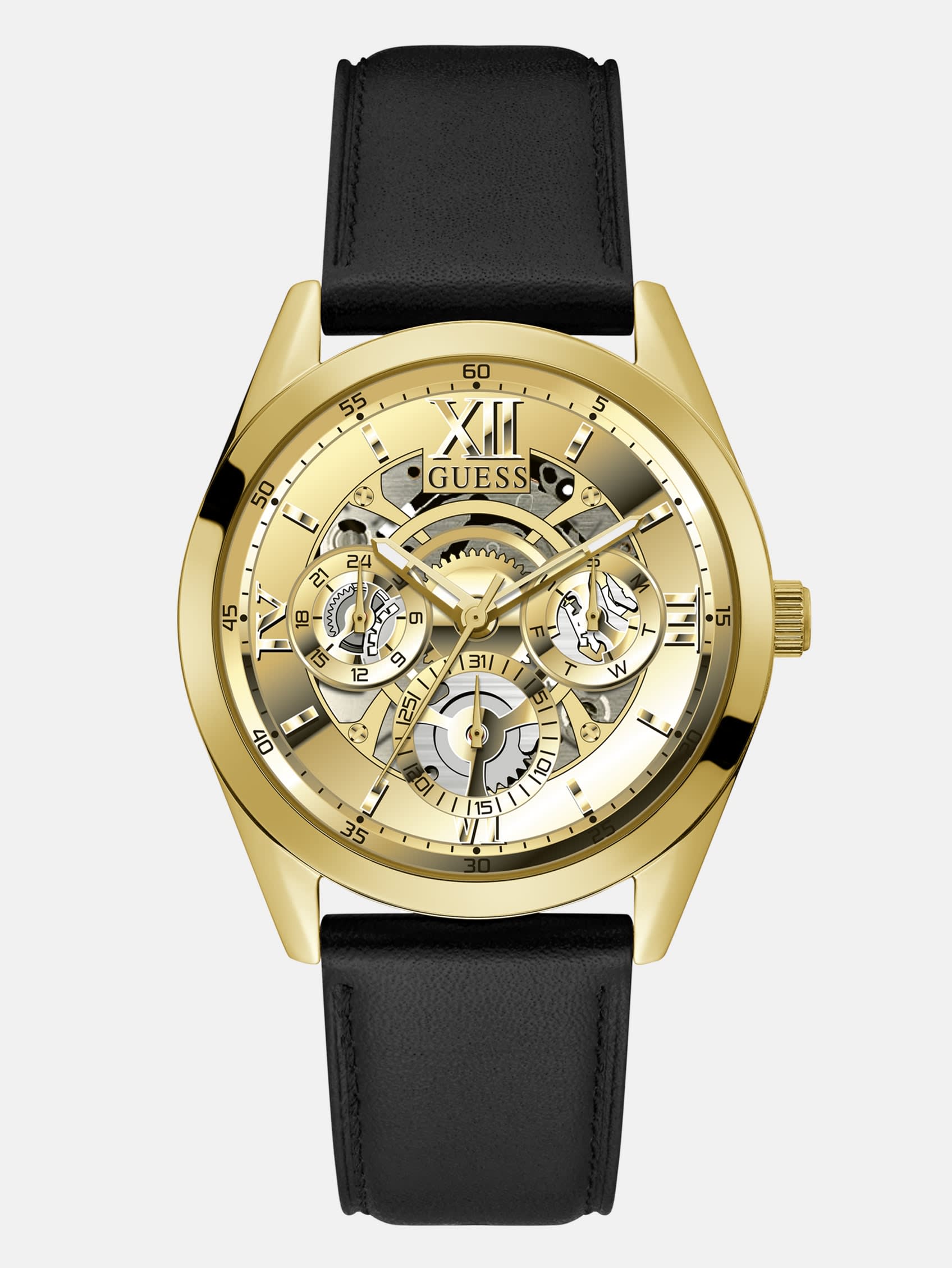 

Многофункциональные часы из черной и золотистой кожи Guess Factory