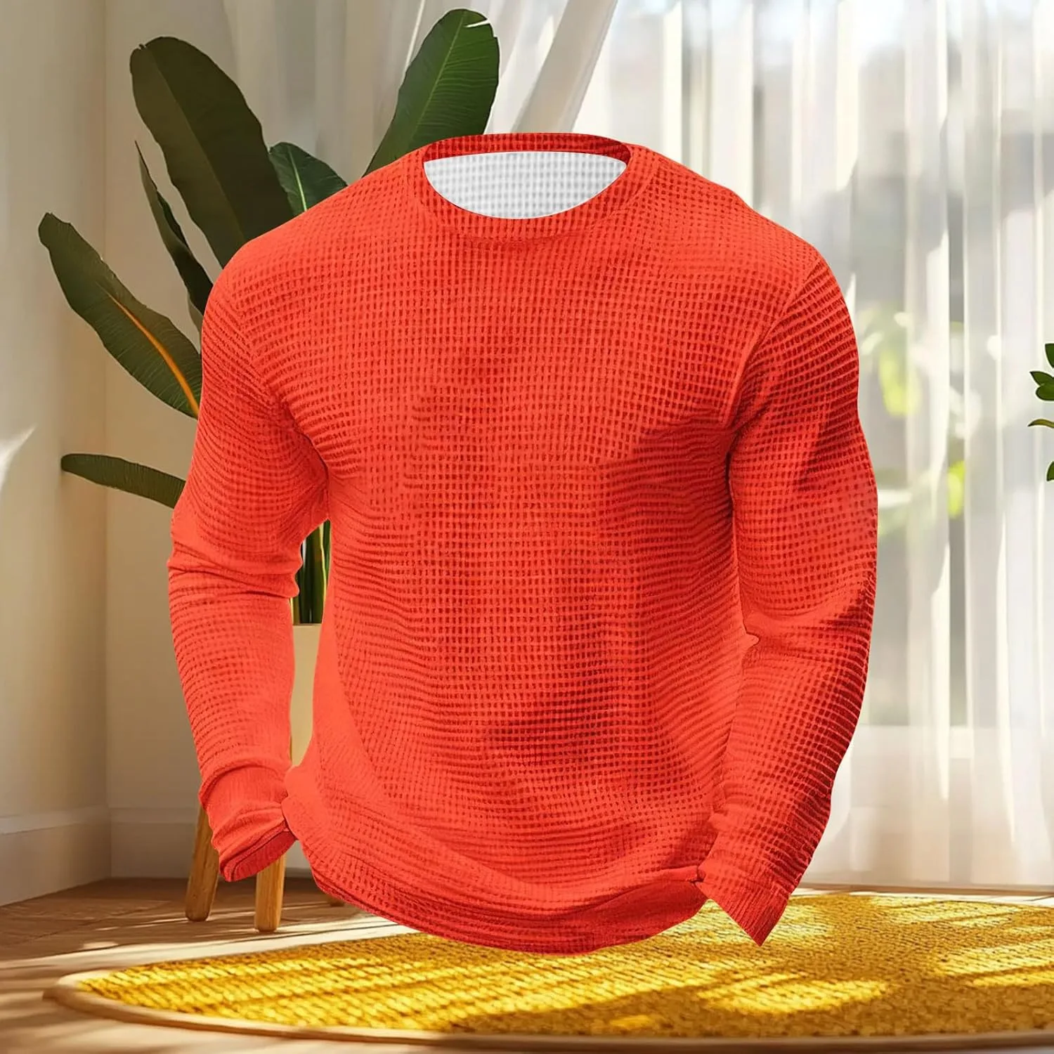 Футболка-вафля для мужчин Casual Fashion с длинным рукавом и круглым вырезом — фото 4