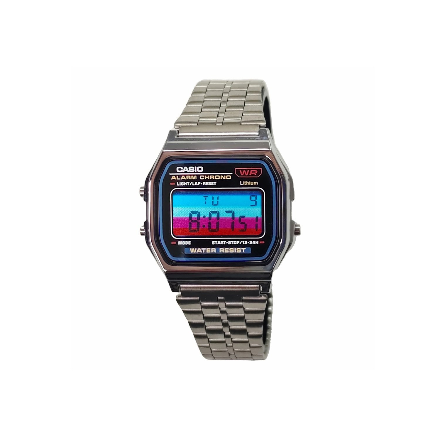 

CASIO Часы Retrofit Series Quartz Movement Stainless Steel Strap Watch Men's Watch Purple Watch Dial, Silver Strap Blue Red Stripes