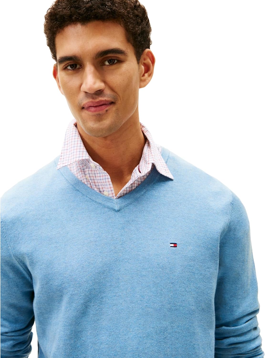 Мужской свитер Tommy Hilfiger Essential из хлопка с длинным рукавом и V-образным вырезом, Medium Chambray — фото 2